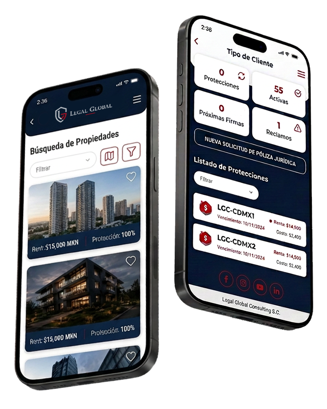 Pantallas de la app de Legal Global Consulting